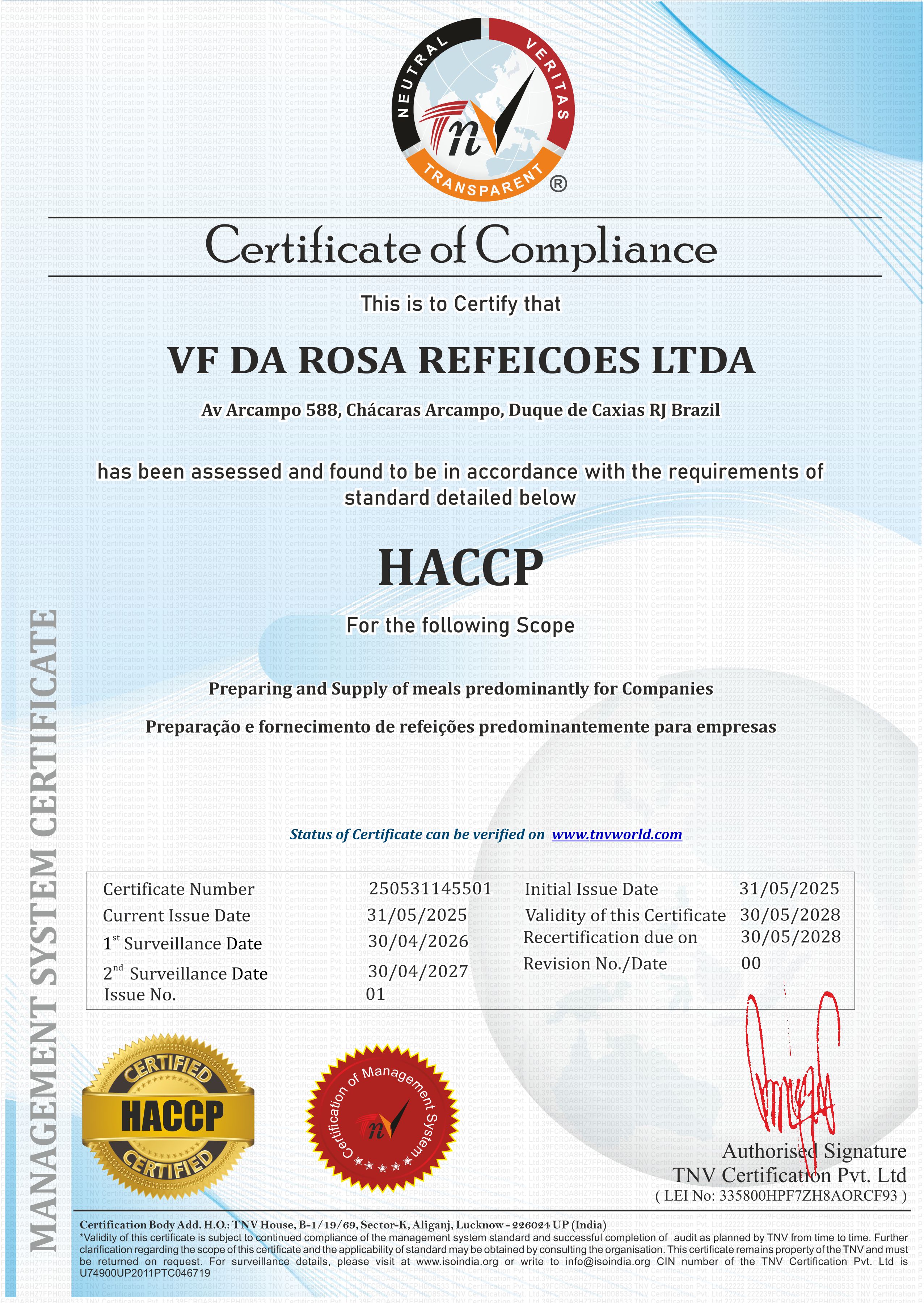 Certificação VF Refeições - HACCP