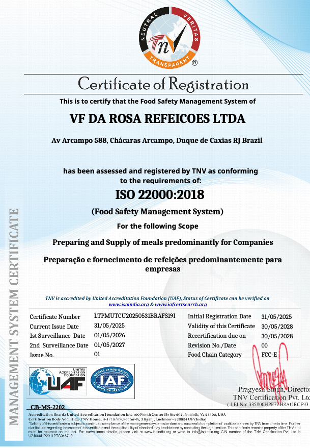 Certificação VF Refeições - ISO 22000