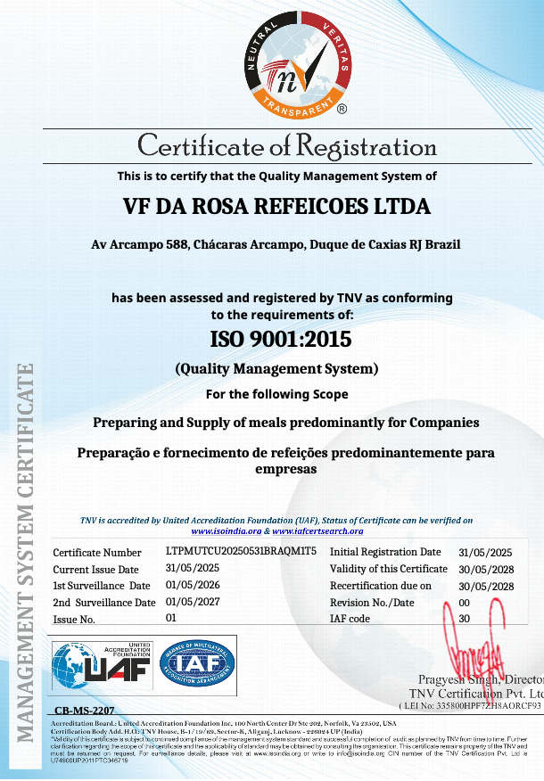 Certificação VF Refeições - ISO 9001